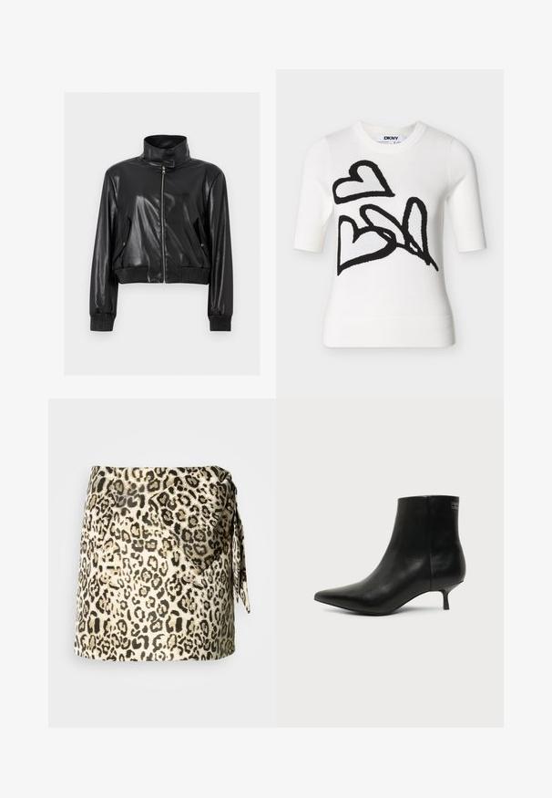 Veste courte en faux cuir noir avec col montant, fermeture éclair intégrale à l'avant, poches à rabat inclinées et poignets et taille côtelés.; Pull à manches courtes blanc avec des motifs de cœurs abstraits noirs sur le devant et un col rond, avec une étiquette DKNY à l'intérieur du col.; Jupe portefeuille imprimée léopard en beige et noir, avec un détail noué. Texture douce avec un design drapé et un ourlet au-dessus du milieu de la cuisse.; Bottine en cuir noir avec bout pointu et petit talon kitten sur fond clair, vue côté extérieur.