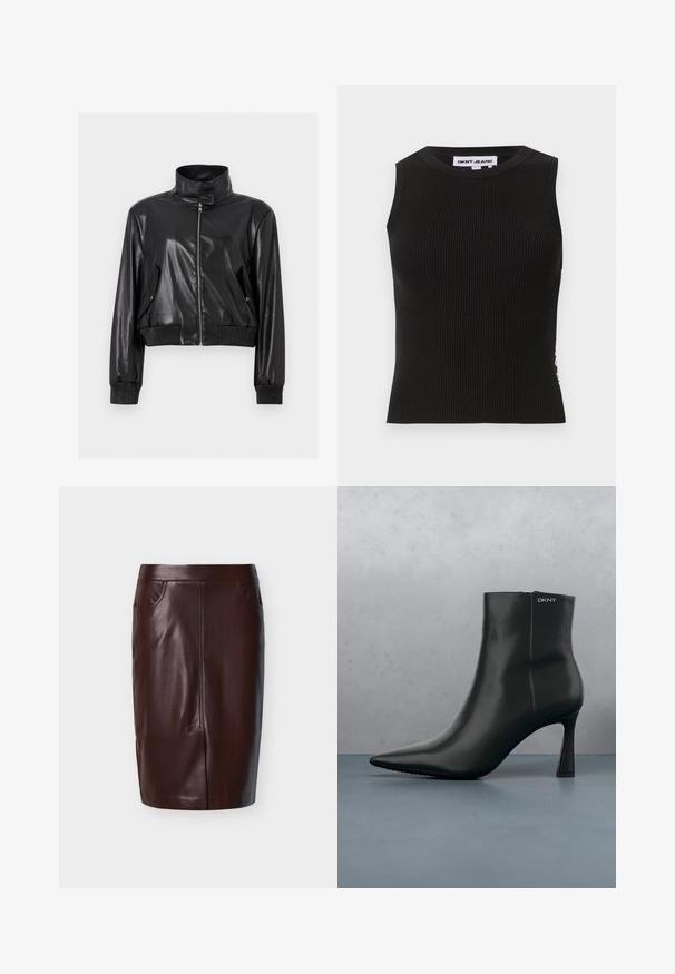 Schwarze kurze Jacke aus Kunstleder mit hohem Kragen, durchgehendem Frontreißverschluss, schrägen Klappentaschen und gerippten Bündchen an Ärmeln und Bund.; Schwarzes, geripptes Tanktop mit Rundhalsausschnitt, das eine figurbetonte Passform und subtile Textur aufweist. Die Rippung zieht sich über den gesamten Stoff.; Brauner Leder-Bleistiftrock mit glatter Textur, zwei seitlichen Taschen und vorderer Nahtdetailierung, entworfen für eine schlanke Passform.; Schwarze Leder-Stiefelette mit spitzem Zehenbereich und einem geometrischen Absatz. Verfügt über dezente Branding-Elemente und eine glatte Textur. Der Hintergrund zeigt strukturierte Fliesen.