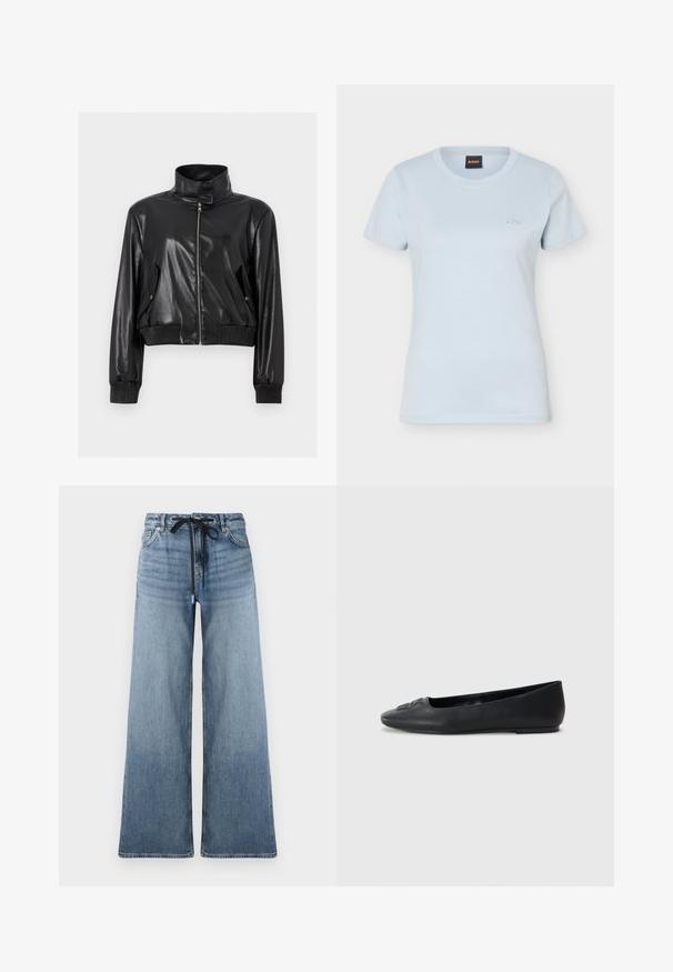Zwarte korte jas van nep leer met hoge kraag, een volledige voorrits, schuine klepzakken en geribde boorden aan mouwen en taille.; Lichtblauw dames T-shirt met korte mouwen en ronde hals, met klein "BOSS"-logo geborduurd op de linkerborst en een zwart label aan de binnenkant van de kraag.; Lichtblauwe denim jeans met wijde benen en een vervaagde structuur. Voorzien van een verstelbare tailleband met een zwarte trekkoord en traditionele zakken.; Zwarte leren balletschoenen met een gladde textuur, ronde neus en subtiele decoratieve details aan de voorkant. Lage platte hak.