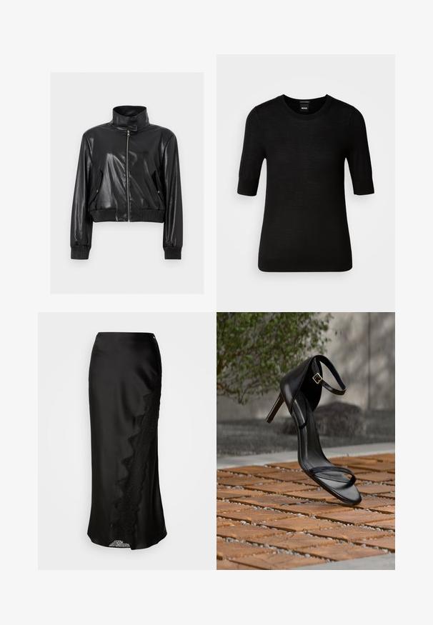 Chaqueta corta de cuero sintético negro con cuello alto, cremallera frontal completa, bolsillos con solapa inclinada y puños y cinturilla de canalé.; Suéter negro de manga corta hecho de fina lana merina. Cuello redondo, corte ajustado, textura suave, diseño minimalista, sin patrones o acentos visibles.; Falda de satén negro con un acabado texturizado, dobladillo de encaje en un lado y una silueta recta. Incluye una abertura lateral discreta y cierre.; Sandalia negra de tacón alto con correa en el tobillo, parece suspendida sobre un suelo de baldosas de madera al aire libre, con un fondo difuminado de vegetación y piedra.