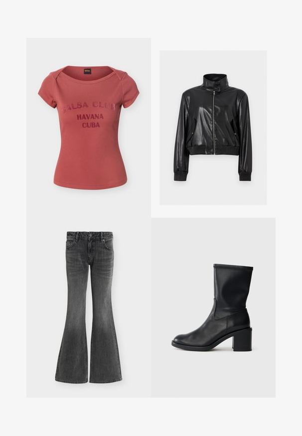 Veste courte en faux cuir noir avec col montant, fermeture éclair intégrale à l'avant, poches à rabat inclinées et poignets et taille côtelés.; T-shirt à manches courtes rose poussière côtelé avec le texte "Salsa Club Havana Cuba" sur le devant et une étiquette de la marque BOSS à l'intérieur du col.; Jean en denim noir avec fines rayures verticales, poches avant, fermeture par boutons et jambes larges évasées.; Botte en cuir noir à cheville avec un bout rond, texture lisse et un talon épais, présentant un tige ajustée et un subtil détail de couture.