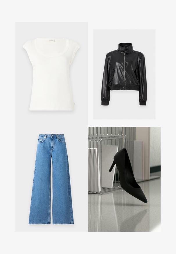 Sort cropped jakke i kunstlæder med høj krave, fuld lynlås foran, skrå lommer med klap og ribstrikkede manchetter og talje.; Hvid kortærmet t-shirt lavet af blød bomuld. Har en rund halsudskæring og en afslappet pasform. Etiketter hængende på bagsiden.; Vide ben blå denim jeans med høj talje, som har et klassisk fem-lomme design og syninger langs siderne for ekstra detalje.; Sort højhælet sko balancerende på hælen på en reflekterende bordplade nær metalfilholder med hvide mapper.