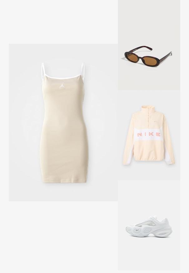 Beige en witte Nike trui met kwart rits, elastische manchetten en zoom, grote roze "NIKE" tekst over de borst en klein swoosh-logo op de linkerborst.; Beige mouwloze jurk met dunne bandjes, geribbelde structuur en witte afwerking. Heeft een klein logo in het midden boven de buste.; Witte sportsneaker met meshpanelen, afgerond zoolontwerp en klein Nike-logo bij de teen op een effen lichte achtergrond.; Ovale zonnebril met schildpadmotief, bruine getinte glazen en dunne pootjes, liggend op een wit oppervlak.