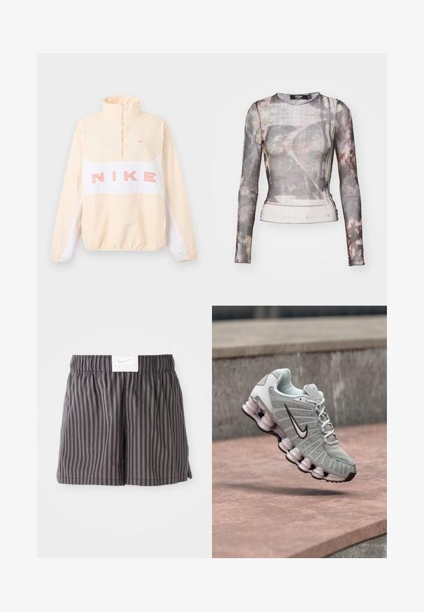 Beige en witte Nike trui met kwart rits, elastische manchetten en zoom, grote roze "NIKE" tekst over de borst en klein swoosh-logo op de linkerborst.; Langsleeve, doorzichtige top met een grijs en bruin abstract patroon, ronde halslijn en een aansluitende silhouet met een lichte stretch.; Grijs gestreepte shorts gemaakt van lichtgewicht stof, met een elastische tailleband en een witte Nike logo-label aan de voorkant.; Lichtgrijze Nike-sneaker met zwart swoosh-logo, witte veters en een kenmerkende veerachtige zool, zwevend boven een stenen oppervlak.