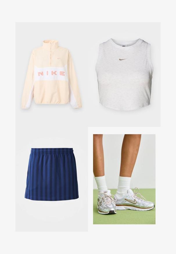 Beige en witte Nike trui met kwart rits, elastische manchetten en zoom, grote roze "NIKE" tekst over de borst en klein swoosh-logo op de linkerborst.; Witte crop top van zacht, textuurachtig stof. Heeft een ronde hals en een mouwloos ontwerp met een klein gouden Nike-logo aan de voorkant.; Marineblauwe rok met verticale strepen, elastische tailleband, lengte tot halverwege het bovenbeen, gemaakt van lichte stof, gladde textuur.; Zilveren sportschoenen met witte en gouden accenten, voorzien van een mesh bovenkant, rubberen zool en een reflecterende afwerking. Sokken zichtbaar boven de enkel.