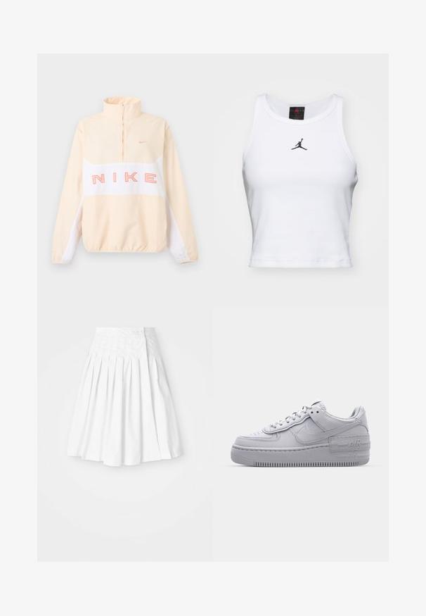 Beež ja valge Nike pusas poollukuga, elastsete varrukaservade ja äärtega, suur roosa "NIKE" tekst rinnal ning väike Swoosh logo vasakul rinnal.; Valge lühike puuvillane tank top ribakangast. Keskel on must Jordan'i logo ja klassikaline ümar kaelus.; Valge plisseeritud seelik, millel on ühtepidi kinnitatud vöökoht ja nupuga külgklapp, omades sujuvat ja krõbedat tekstuuri.; Hallitus hallid Nike Air Force 1 sneakerid, millel on augustatud varvas, siledast nahast ülemine osa, paks tall ning reljeefne 'AIR' detail kontsapadjal.