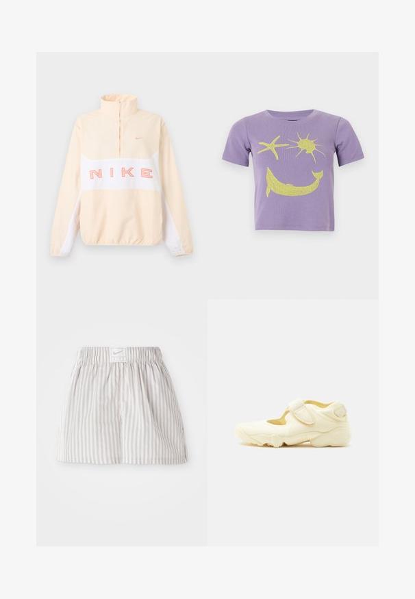 Beež ja valge Nike pusas poollukuga, elastsete varrukaservade ja äärtega, suur roosa "NIKE" tekst rinnal ning väike Swoosh logo vasakul rinnal.; Lilla lühikeste varrukatega särk kollase tähe, päikese ja naeratava delfiiniga rinnal.; Heledad hallide triibulised lühikesed püksid, mis on valmistatud pehmest kangast. Omavad elastset vöökohta, mille keskel on Nike logo silt.; Beež sportjalanõu paksu tallaga, lõikekujundusega ja kahe reguleeritava takjakinnitusega valgel taustal.