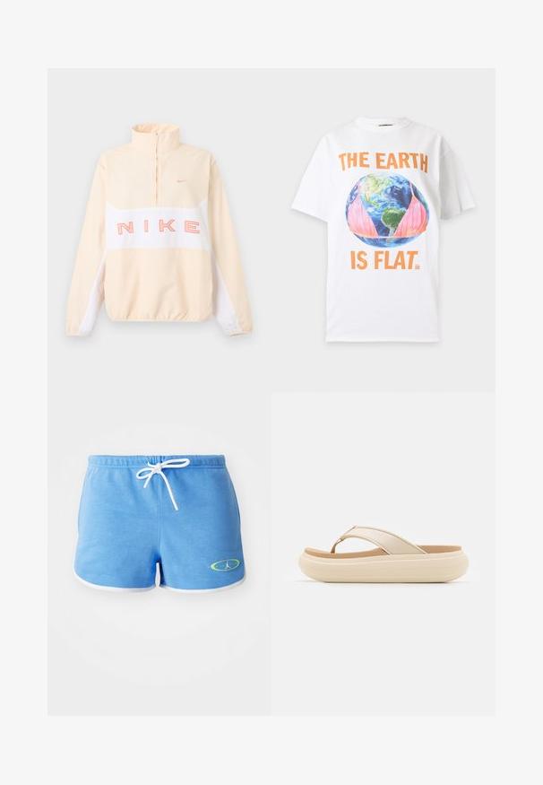 Beige og hvid Nike pullover med kvart lynlås, elastiske ærmegab og kant, stor lyserød "NIKE" tekst på tværs af brystet og lille swoosh logo på venstre bryst.; Hvid T-shirt med teksten "JORDEN ER FLAD" og et billede af Jorden, der bærer en pink bikini-top over Nord- og Sydamerika.; Lyseblå bomulds shorts med hvid snor, der har hvid kant og et logo med grøn akcent på nederste venstre side.; Beige flip-flop sandal med en bred tåstrop og en tyk, rund sål. Har et glat overmateriale og en kontrasterende brun fodseng.