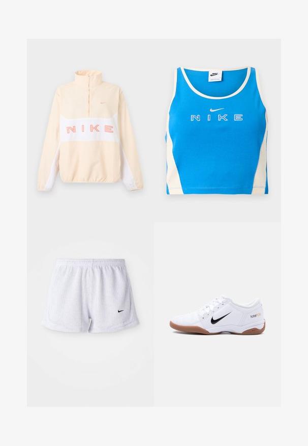 Béžovo-biely Nike pulóver so štvrťovým zipsom, elastickými manžetami a lemom, veľkým ružovým nápisom "NIKE" na hrudi a malým logom swoosh na ľavej strane hrude.; Modrý a biely krátky tielkový vrch od Nike s vyšívaným logom Nike a známym písmenom swoosh na prednej strane, okrúhlym výstrihom a bezrukávovým dizajnom.; Biele, rebrované športové šortky s elastickým pásom a malým čiernym logom Nike na dolnej ľavej strane. Jednoduchý, minimalistický dizajn.; Biela vnútorná futbalová topánka Nike Total 90 III s čiernym logom Swoosh a gumovou podrážkou, zobrazená z boku na jednoduchom pozadí.