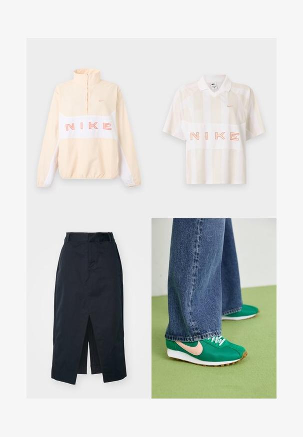 Beiger und weißer Nike-Pullover mit Viertelreißverschluss, elastischen Bündchen und Saum, großem pinkfarbenem "NIKE" Schriftzug über der Brust und kleinem Swoosh-Logo auf der linken Brustseite.; Weiß-beige gestreiftes Nike-Polohemd mit kurzen Ärmeln, Kragen, kleinem Swoosh-Logo auf der Brust und groß umrandetem "NIKE"-Schriftzug auf der Vorderseite.; Dunkelblaues Midi-Rock aus Baumwollmischgewebe mit einem vorderen Schlitz, verdecktem Reißverschluss und praktischen Seitentaschen.; Grüne Sportschuhe mit pinkem Swoosh, Schnürdesign, strukturiertem Stoff und weißen Gummisohlen. Kombiniert mit weitem blauen Jeanshosen.