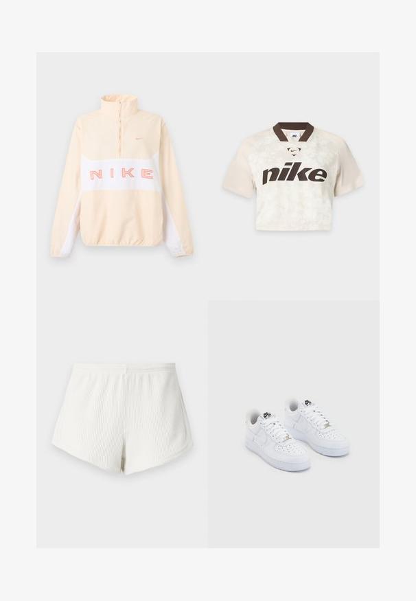 Pull Nike beige et blanc avec fermeture éclair quart de zip, poignets et ourlet élastiques, grand texte rose "NIKE" sur la poitrine et petit logo swoosh sur le côté gauche de la poitrine.; T-shirt de sport Nike à manches courtes et coupe courte, beige avec un col marron foncé et un grand logo Nike sur le devant.; Shorts en tissu côtelé blanc avec une taille élastique, présentant une coupe décontractée et un ourlet incurvé. Détail de couture arrière visible.; Baskets Nike Air Force 1 blanches avec une tige en cuir lisse, un embout perforé, des lacets blancs et un logo noir sur la languette.