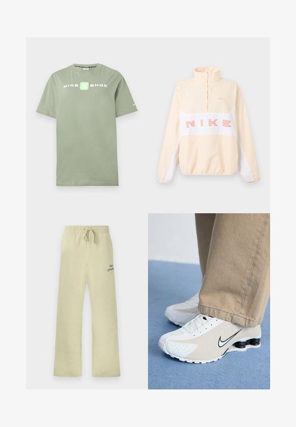 Μπεζ και λευκό πουλόβερ Nike με φερμουάρ τετάρτου μήκους, ελαστικά μανσέτες και τελείωμα, μεγάλο ροζ κείμενο "NIKE" στο στήθος και μικρό λογότυπο Swoosh στο αριστερό μέρος του στήθους.; Βαμβακερό κοντομάνικο μπλουζάκι σε ανοιχτό πράσινο χρώμα, με το λογότυπο "NIKE SHOX" σε λευκό και πράσινο στο μπροστινό μέρος και ένα μικρό σήμα Nike στον κοντό μανίκι.; Μπεζ φόρμα Nike με ελαστική μέση, κορδόνι, χαλαρή εφαρμογή και το κείμενο "nike athletics" με το λογότυπο swoosh στη αριστερή μηρό.; Λευκά και μπεζ αθλητικά παπούτσια Nike με διάτρητο σχέδιο, μαύρο λογότυπο swoosh, υφή στην πάνω επιφάνεια και χαρακτηριστική ελαστική μαύρη φτέρνα.