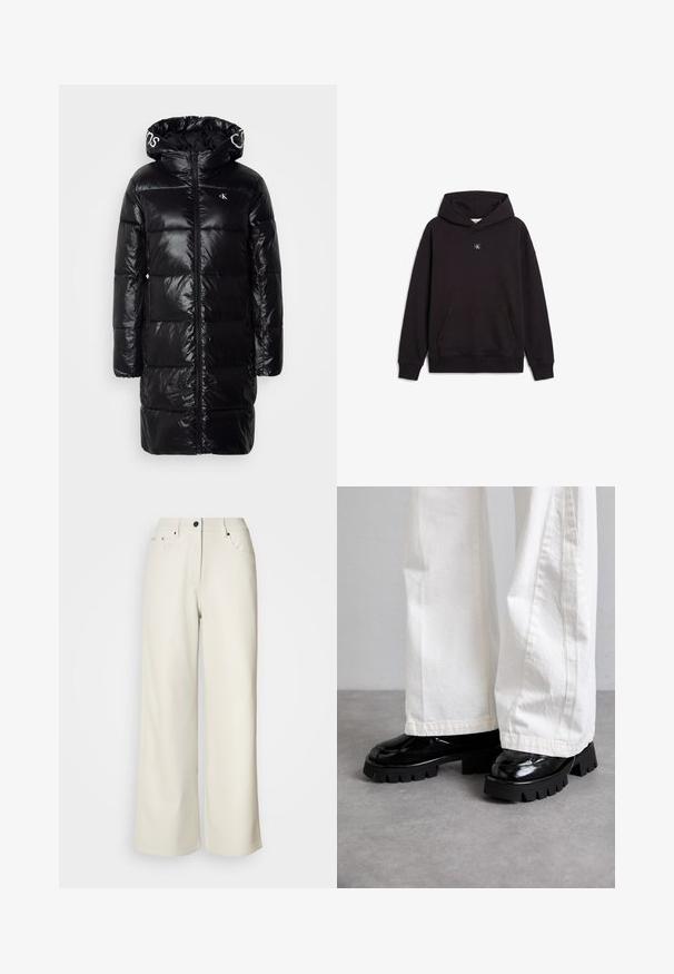 Doudoune noire avec capuche, fermeture éclair frontale et design matelassé. Logo "CK" blanc sur le côté gauche de la poitrine. Texture lisse et brillante.; Sweat à capuche noir avec poche kangourou à l'avant et petit patch logo carré centré sous l'encolure.; Pantalons larges de couleur crème en tissu lisse. Dotés d'une taille mi-haute, d'une fermeture éclair et de deux poches avant avec des accents en matériel noir.; Chaussures noires à semelles épaisses avec une finition brillante, associées à un pantalon large blanc. Tread épais et texture lisse remarquables sur les chaussures.