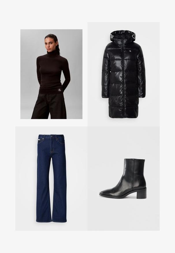 Abrigo acolchado negro con capucha, cremallera frontal y diseño acolchado. Logotipo "CK" en blanco en el pecho izquierdo. Textura suave y brillante.; Mujer con cabello oscuro lleva un suéter de cuello alto acanalado negro y pantalones anchos oscuros sobre un fondo gris liso.; Jeans de mezclilla azul oscuro con un diseño de pierna ancha, corte recto, cinco bolsillos y cierre de cremallera frontal. Detalles de costura a lo largo de las costuras.; Botín de cuero negro hasta el tobillo con punta afilada, tacón bajo y bloque, y sutil logotipo embosado. Textura suave con un diseño elegante y costuras mínimas.