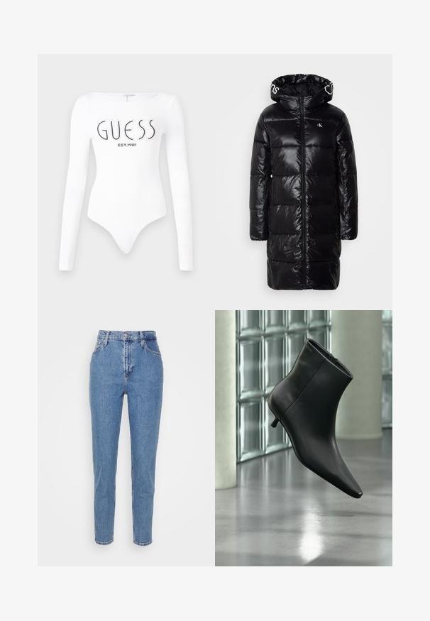 Sort dunjakke med hætte, lynlås foran og quiltet design. "CK"-logo i hvid på venstre bryst. Glat, skinnende tekstur.; Hvid langærmet bodystocking med rund halsudskæring. Har "GUESS" logo og "EST.1981" trykt i sort på forsiden. Glat tekstur.; Blå højtaljede lige jeans med frontknap og lynlås, bæltestropper og lommer, præsenteret på en ensfarvet hvid baggrund.; Sort læderankelstøvle med spids tå og lav kitten-hæ, vist vinklet mod en poleret gulv- og glasblokvæg.