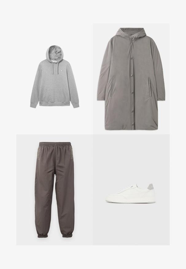 Manteau à capuche gris clair en tissu lisse et résistant à l'eau. Présente des boutons à pression, des poches latérales et une silhouette décontractée arrivant au genou.; Hoodie en coton gris avec une poche kangourou à l'avant, capuche réglable par cordon, et petit logo sur la poitrine. Texture douce et coupe décontractée.; Pantalons gris foncé à taille élastique avec une coupe décontractée. Présentent des poignets froncés et une broderie subtile sur les côtés. Tissu léger.; Baskets basses blanches avec un onglet de talon gris, des lacets blancs et une semelle texturée, présentées sur un fond uni clair.