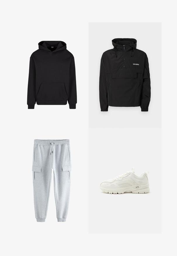 Must kapuutsiga tuulekindel jakk, poollukuga tõmblukk, kapuutsis pael, esiosal klapiga tasku ja Karl Lagerfeldi logo rinnal.; Must must, mis pehmeast kangast, esipocketiga, reguleeritava kapuutsiga ning soonikkoes äärtega ja varrukatega, mis tagab mugava istuvuse.; Hästi helehallid jooksupüksid elastse vöökohaga, nööriga, küljetaskutega ja mõlema reie peal laadimistaskutega.; Valge Armani Exchange toss võrgust ja nahast detailidega, esikinnisega, kaubamärgiga "A|X" tallal ja külgpaneelil, madala profileeritud sportlik disain.