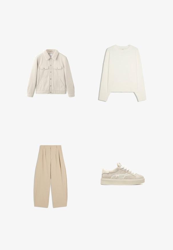 Veste beige clair avec un col doux et duveteux, deux poches poitrine, des poches latérales pour les mains, et une fermeture à boutons. Le tissu paraît durable et texturé.; Pull blanc à manches longues avec col rond, poignets et bas côtelés, posé à plat sur un fond blanc.; Pantalon beige taille haute à jambes larges avec plis, passants pour ceinture, fermeture par bouton et zip avant dissimulé.; Baskets en daim beige avec tige texturée, lacets blancs pelucheux et semelle en caoutchouc crème contrastante. Design simple avec peu de détails matériels.
