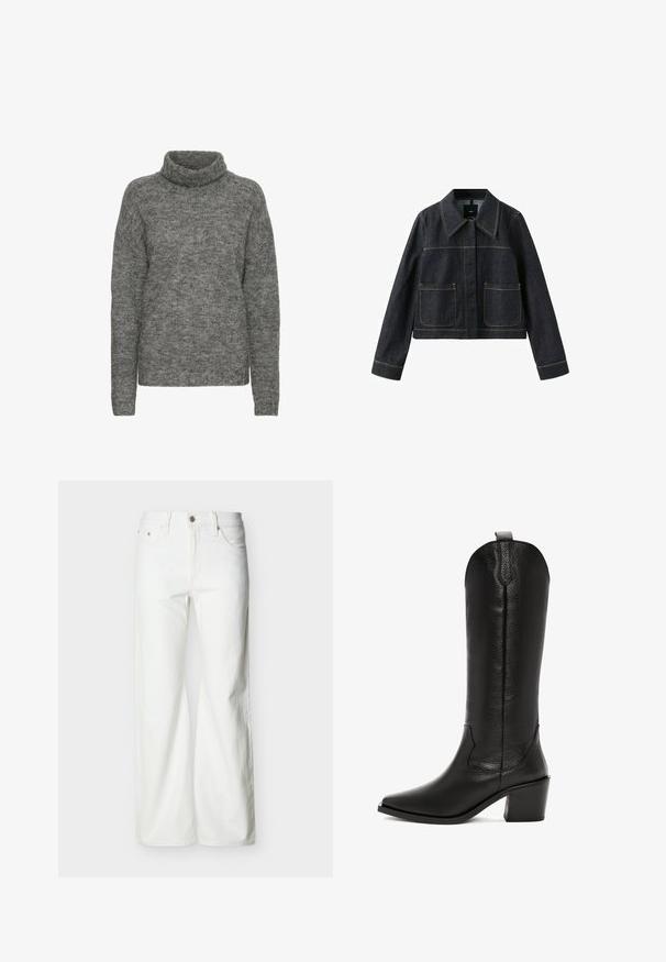 Veste en denim foncé avec col large, deux poches plaquées avant, manches longues et coutures contrastantes visibles.; Pull à col roulé gris en maille douce, avec une coupe décontractée et des manches longues, arborant une texture subtile sur l'ensemble.; Jean blanc taille haute à jambe droite avec bouton frontal, fermeture éclair, poches latérales et arrière, sur un fond clair uni.; Botte de cowboy en cuir noir avec un bout pointu, finition texturée et un talon bloc de hauteur moyenne. Comprend une tige haute avec une languette à l'arrière.