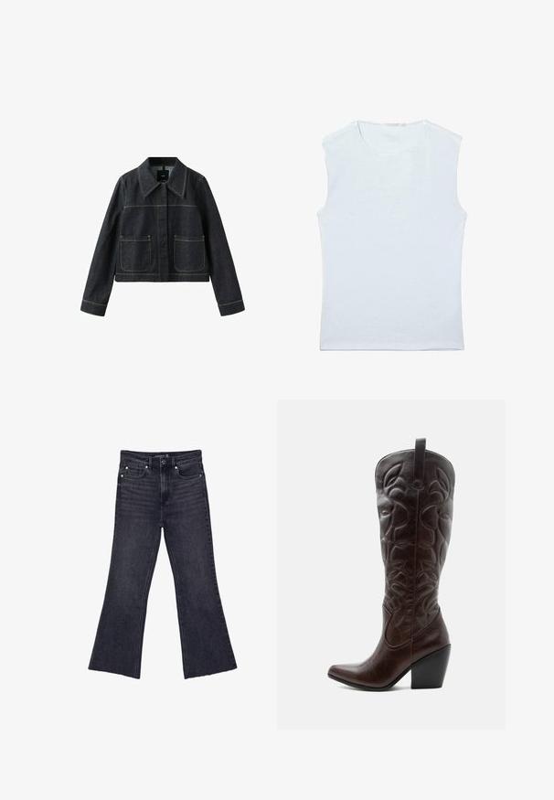 Mørk denimjakke med bred krave, to forlommer, lange ærmer og synlige kontrastsømme.; Ærmeløs hvid bomulds tanktop med rund halsudskæring og et enkelt, ensfarvet design.; Sorte højtaljede jeans med flagrende ben, fem-lomme design og knaplukning, størrelse 38, lagt fladt på en hvid baggrund.; Høj mørkebrun læder cowboystøvle med syede dekorative mønstre, spids tå og stablet blokhæle.