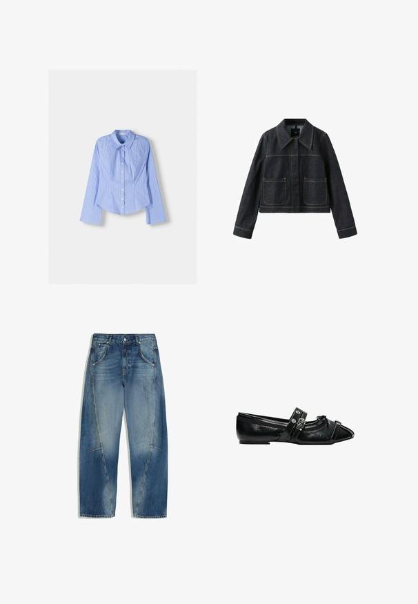 Dark denim jacket with wide collar, two front patch pockets, long sleeves, and visible contrast stitching.; Blue and white striped long-sleeve button-up shirt with a spread collar, tailored fit, and curved hemline. Textured cotton material.; Blue denim jeans with faded sections and visible stitching, featuring front pockets and a button closure at the waist.; Black patent leather flat shoe with pointed toe, decorative buckle straps, and small bow detail on white background.