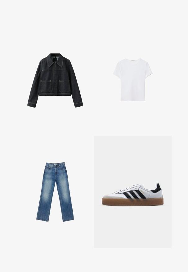 Dunkle Jeansjacke mit weitem Kragen, zwei aufgesetzten Taschen vorne, langen Ärmeln und sichtbaren Kontrastnähten.; Weißes kurzärmliges T-Shirt aus weichem Stoff. Hat einen runden Halsausschnitt und ein einfaches, sauberes Design mit geradem Saum.; Helle Denim-Hosen mit weitem Bein und einem verwaschenen Finish, fünf Taschen, sichtbaren Nähten, Knopf- und Reißverschluss sowie geradem Schnitt.; Weiße Leder Sneakers mit schwarzen Streifen, Gummigummi-Außensohle, runder Zehenform, Schnürverschluss und weichem grauem Wildleder-Zehenkappe.
