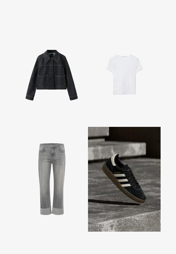 Mørk denimjakke med bred krave, to forlommer, lange ærmer og synlige kontrastsømme.; Hvid kortærmet t-shirt lavet af blødt stof. Har en rund halsudskæring og et simpelt, rent design med en lige underkant.; Grå denim jeans med lige ben, med foldet kant. Klassisk fem-lommestil og lukning med knap foran.; Sort Adidas-sneaker med hvide striber og gummisåler, svævende over grå betontrapper i naturligt lys.