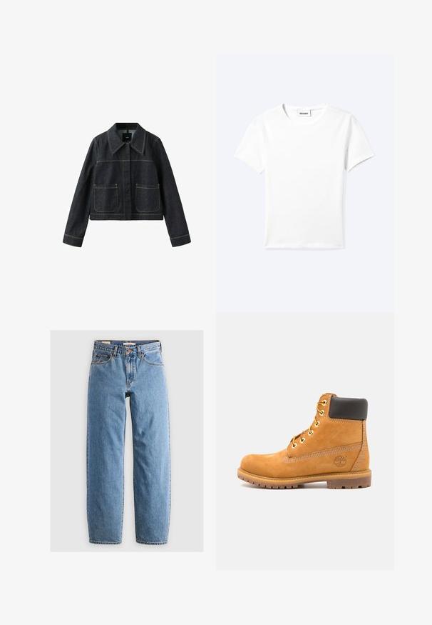 Donkere spijkerjack met brede kraag, twee voorvakken met klep, lange mouwen en zichtbare contraststiksels.; Effen wit T-shirt met korte mouwen en ronde hals met een klein "WEEKDAY" label aan de binnenkant van de hals, plat neergelegd op een lichte achtergrond.; Lichtblauwe denim jeans met een recht model, vijf zakken, een ritsluiting en een subtiele vervaagde textuur. Klassieke stijl met minimale hardware.; Bruine leren enkelboot met zwarte voering, gouden oogjes en een gestructureerde zool. Kenmerkt zich door een cirkelvormig logo aan de zijkant en stikselaccenten.