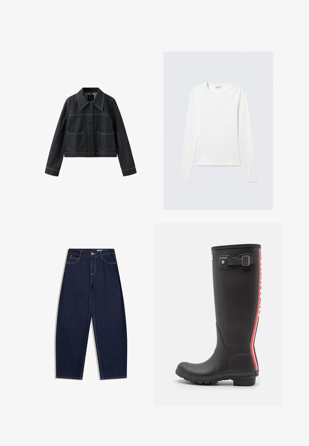 Donkere spijkerjack met brede kraag, twee voorvakken met klep, lange mouwen en zichtbare contraststiksels.; Effen wit shirt met lange mouwen en ronde hals, slim fit, afgebeeld tegen een lichtgrijze achtergrond.; Donkere blauwe spijkerbroek met een losse pasvorm, vijf zakken, een knoopsluiting en contrasterende gele stiksels langs de naden.; Zwarte rubberen regenlaars met een getextureerd oppervlak, hoog ontwerp, verticale strepen in rood en wit, verstelbare riem en gespdetail.