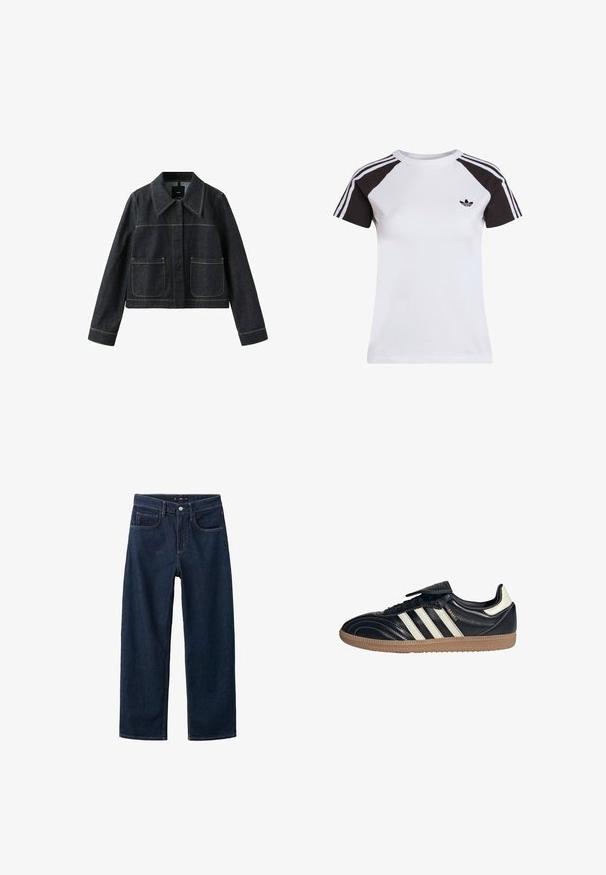 Mørk denimjakke med bred krave, to forlommer, lange ærmer og synlige kontrastsømme.; Hvid bomuld T-shirt med sorte raglanærmer og tre hvide striber. Har en lille sort logo på brystet. Klassisk rund halsudskæring.; Mørkeblå denim jeans med et lige ben-design, der har en klassisk fem-pockets stil, synlig syning og en knaplukning i taljen.; Sorte lædersneakers med tre hvide striber, en polstret tunge og en gummirubbersål, der har stikninger og et strømlinet design.