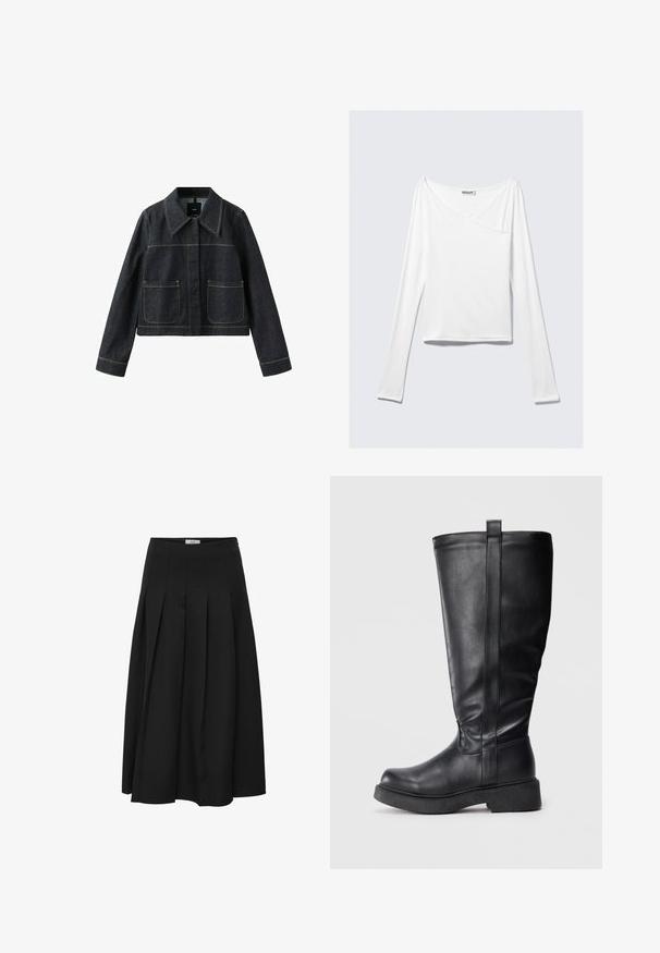 Veste en denim foncé avec col large, deux poches plaquées avant, manches longues et coutures contrastantes visibles.; Haut blanc à manches longues avec un design croisé et une poche. Fabriqué dans un tissu lisse et extensible. Coupé dans une coupe décontractée et ample.; Jupe midi plissée noire en tissu lisse. Elle présente une taille haute et une silhouette fluide avec des plissés soigneusement cousus.; Bottes noires montantes en cuir lisse avec un bout arrondi, une semelle plate et un détail de couture verticale sur le côté.