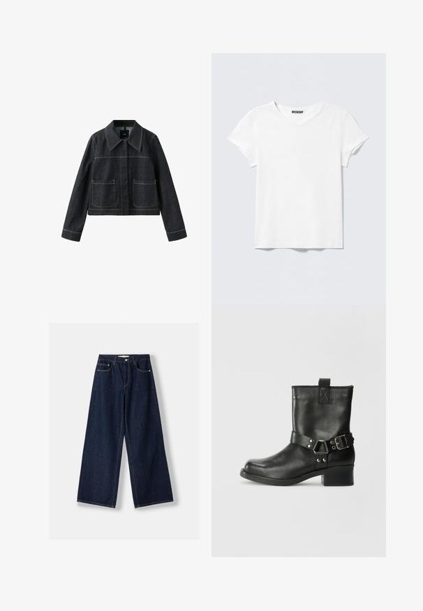 Donkere spijkerjack met brede kraag, twee voorvakken met klep, lange mouwen en zichtbare contraststiksels.; Effen wit T-shirt met korte mouwen en V-hals, met een klein "WEEKDAY" label aan de binnenkant van de kraag, getoond op een lichtgrijze achtergrond.; Donkerblauwe jeans met wijde pijpen, vooraan knoop- en ritssluiting, voorzakken en ceintuurlussen, plat neergelegd op een witte achtergrond.; Samsøe Samsøe SABRENTA - Cowboy-/Bikerlaarsjes - black