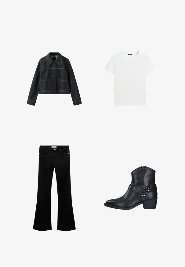 Dunkle Jeansjacke mit weitem Kragen, zwei aufgesetzten Taschen vorne, langen Ärmeln und sichtbaren Kontrastnähten.; Schlichtes weißes T-Shirt mit kurzen Ärmeln, rundem Halsausschnitt und einem kleinen schwarzen Etikett innen am Kragen.; Schwarze Schlagjeans aus einer Baumwollmischung. Vordertaschen, Reißverschluss und Knopfverschluss. Glatte Textur und klare Linien im gesamten Design.; Schwarze Leder-Stiefelette mit spitzem Zehenbereich und niedrigem Blockabsatz, ausgestattet mit einem dekorativen Riemen mit metallischen Akzenten und Stickdetails.