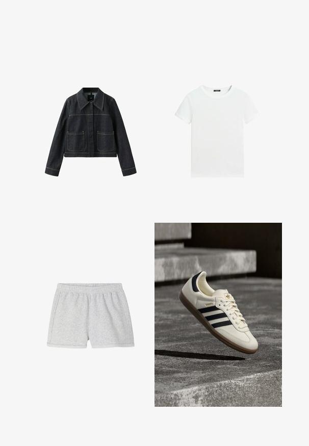 Donkere spijkerjack met brede kraag, twee voorvakken met klep, lange mouwen en zichtbare contraststiksels.; Effen wit T-shirt met korte mouwen, een ronde hals en een klein zwart labeltje aan de binnenkant van de kraag.; American Vintage SHORT FEMME ATUBAY - Trainingsbroek - arctique chine; Witte Adidas Samba sneaker met zwarte strepen en gumzool, zwevend boven gestructureerde grijze betonnen treden.