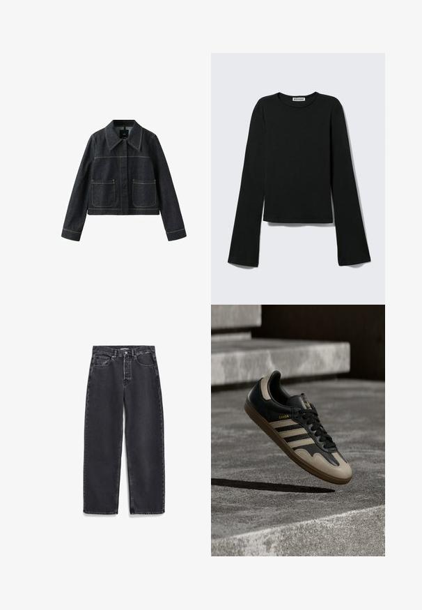 Donkere spijkerjack met brede kraag, twee voorvakken met klep, lange mouwen en zichtbare contraststiksels.; Zwart shirt met lange mouwen en ronde hals, met een aansluitende pasvorm en licht uitlopende mouwen, voorzien van een "Weekday" merklabel bij de halslijn.; Zwarte denim jeans met een rechte pasvorm, voorzien van voorzakken, een knopenfly en subtiele vervaging op de stof.; Zwarte en beige leren sneaker met drie witte strepen, een beige rubberen zool en gouden "Samba"-details aan de zijkant.