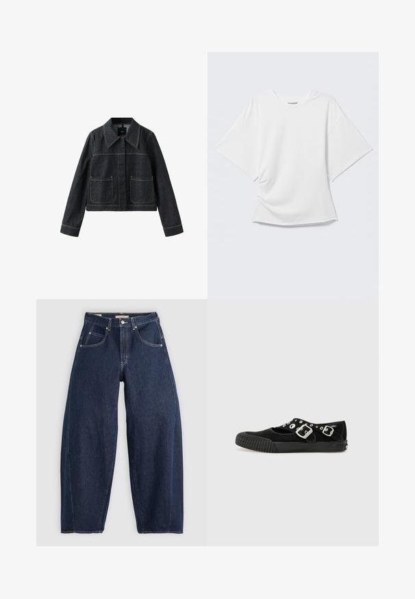 Mørk denimjakke med bred krave, to forlommer, lange ærmer og synlige kontrastsømme.; Hvid oversized T-shirt med korte ærmer og rund hals vist på en lysegrå baggrund.; Mørkeblå denim jeans med løs pasform, lyse syninger, fem lommer og en knaplukning ved taljen.; Vans MARY JANE - Ballerinasko - black