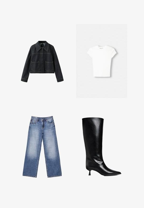 Mørk denimjakke med bred krave, to forlommer, lange ærmer og synlige kontrastsømme.; Hvid kortærmet t-shirt lavet af blød bomuld, med rund halsudskæring og en tætsiddende form. Ingen synlige mønstre eller udsmykninger.; Lyseblå højtsiddende jeans med lige ben, for- og baglommer, knaplukning og falmede detaljer på lårene.; Sort læderknæhøje støvler med spidse tæer, slank silhuet og en lav blokhæl med en blank finish.