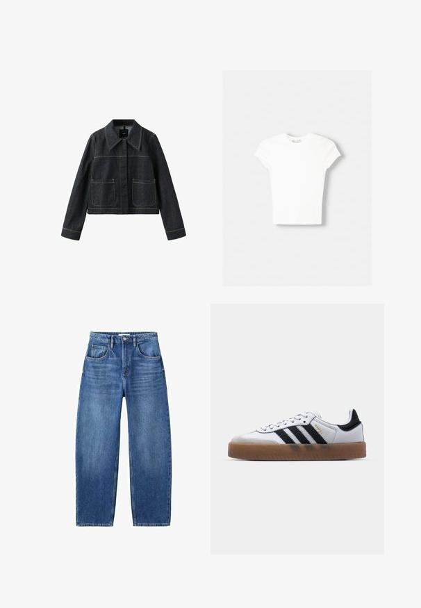 Veste en denim foncé avec col large, deux poches plaquées avant, manches longues et coutures contrastantes visibles.; T-shirt blanc à manches courtes en coton doux, avec un col rond et une coupe ajustée. Pas de motifs ni d'ornements visibles.; Jean bleu clair en denim, avec une taille haute, une coupe droite, cinq poches, et une fermeture par bouton. Détail de décoloration minimale et coutures.; Baskets en cuir blanc avec des rayures noires, semelle extérieure en caoutchouc beige, bout rond, fermeture lacée et embout en suède gris doux.
