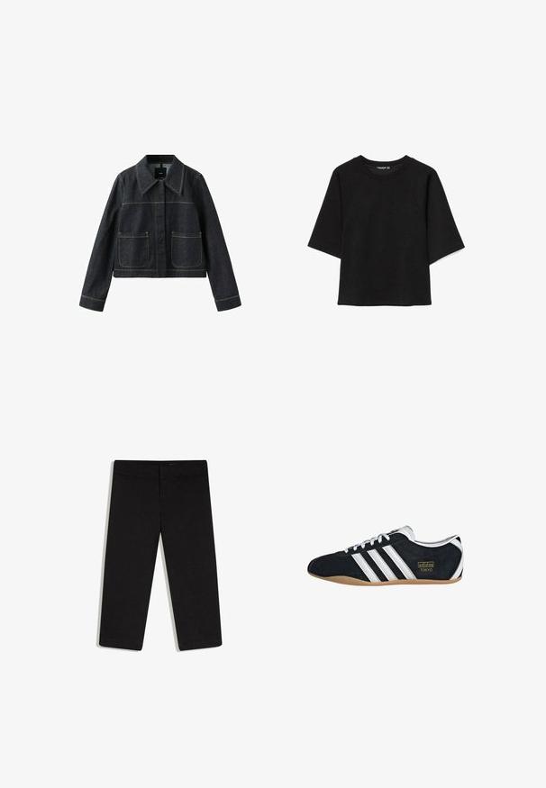 Veste en denim foncé avec col large, deux poches plaquées avant, manches longues et coutures contrastantes visibles.; Sweat-shirt noir surdimensionné à manches courtes, col rond et coupe décontractée, présenté sur un fond blanc.; Pantalon noir court à jambes droites, taille plate avec ceinture, sans poches visibles, présenté sur fond blanc.; Sneakers en suede noir avec trois bandes blanches, logo doré et semelle en caoutchouc marron. Présente un design à lacets à profil bas.