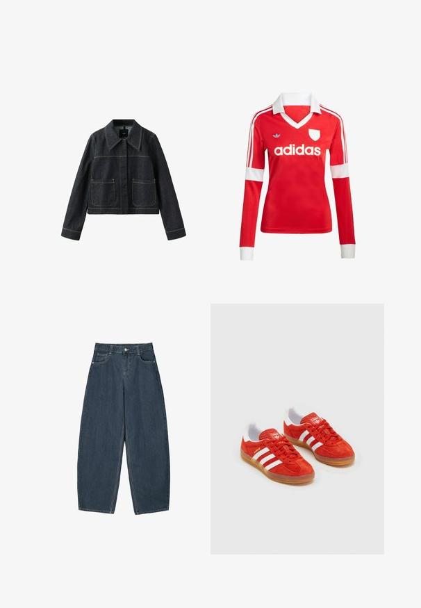 Veste en denim foncé avec col large, deux poches plaquées avant, manches longues et coutures contrastantes visibles.; Maillot de football à manches longues rouge avec un col et des poignets blancs. Présente trois rayures blanches sur les épaules et le logo "adidas" affiché en évidence.; Jeans en denim bleu foncé à jambes larges avec une taille haute, dotés de cinq poches et de détails de couture visibles. Design épuré et minimal.; Baskets en daim rouge avec rayures blanches, semelle en gomme, col rembourré et logo sur la languette. Design classique avec une tige texturée.