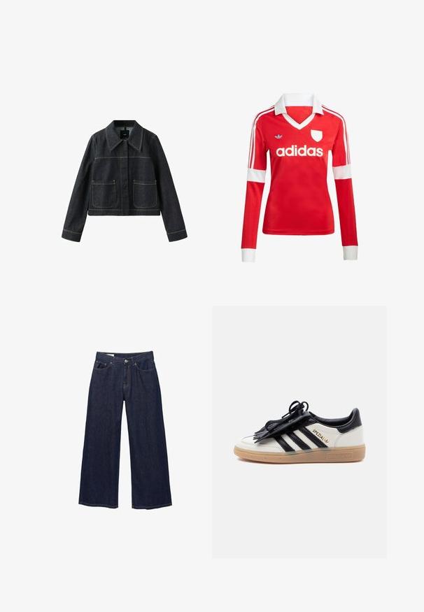 Veste en denim foncé avec col large, deux poches plaquées avant, manches longues et coutures contrastantes visibles.; Maillot de football à manches longues rouge avec un col et des poignets blancs. Présente trois rayures blanches sur les épaules et le logo "adidas" affiché en évidence.; Jean en denim bleu foncé à jambes larges avec poches avant, passants pour ceinture et fermeture à bouton.; Baskets Adidas Spezial blanches et noires avec semelle en gomme, bandes noires et cache-lacets noir sur un fond clair uni.