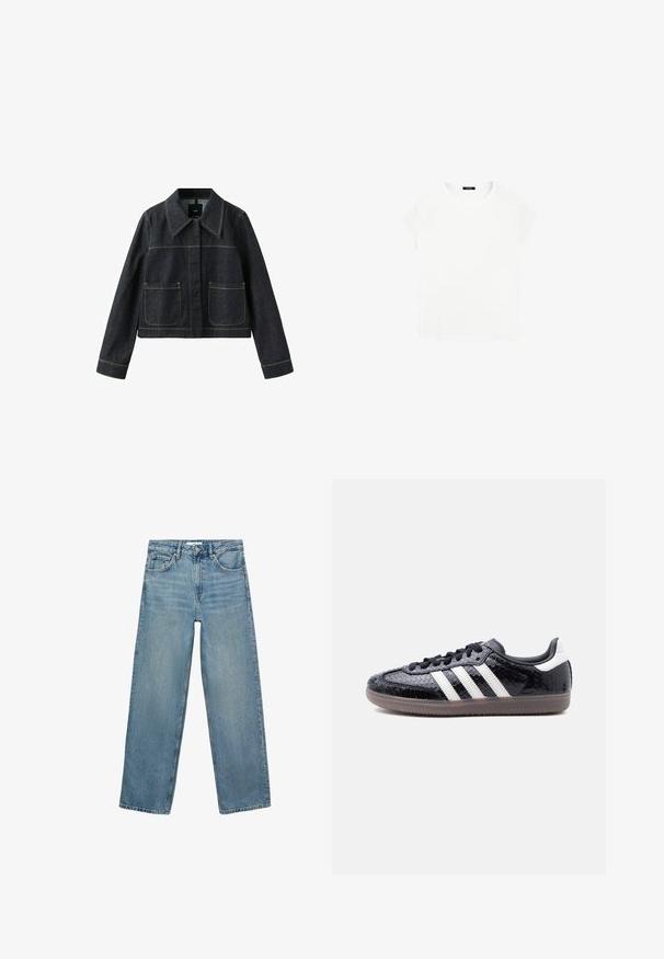 Mørk denimjakke med bred krave, to forlommer, lange ærmer og synlige kontrastsømme.; Hvid bomulds t-shirt med rund halsudskæring og korte ærmer. Enkel design, ingen mønstre eller accenter. Blød, glat tekstur.; Lyseblå denim jeans med lige ben, høj talje, fem lommer og kontraststing. Ingen dekorationer eller mønstre er til stede.; Lavprofils sort sneaker med tekstureret slangeskindsmønster, hvide striber på siden, sorte snørebånd og en gennemsigtig brun sål.
