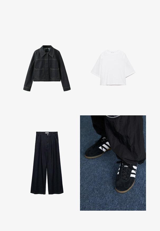 Dunkle Jeansjacke mit weitem Kragen, zwei aufgesetzten Taschen vorne, langen Ärmeln und sichtbaren Kontrastnähten.; Weißes, kurzärmeliges, kastiges T-Shirt aus weicher Baumwolle. Es verfügt über einen Rundhalsausschnitt und breite Ärmel mit einem klaren, schlichten Design.; Dunkelblaue, weite High-Waist-Hosen aus Denim mit einem Knopfverschluss vorne, zwei Seitentaschen und Nähdetails.; Schwarze Wildleder-Sportschuhe mit drei weißen Streifen und schwarzen Schnürsenkeln. Eine strukturierte schwarze Hose ist teilweise neben den Schuhen sichtbar.