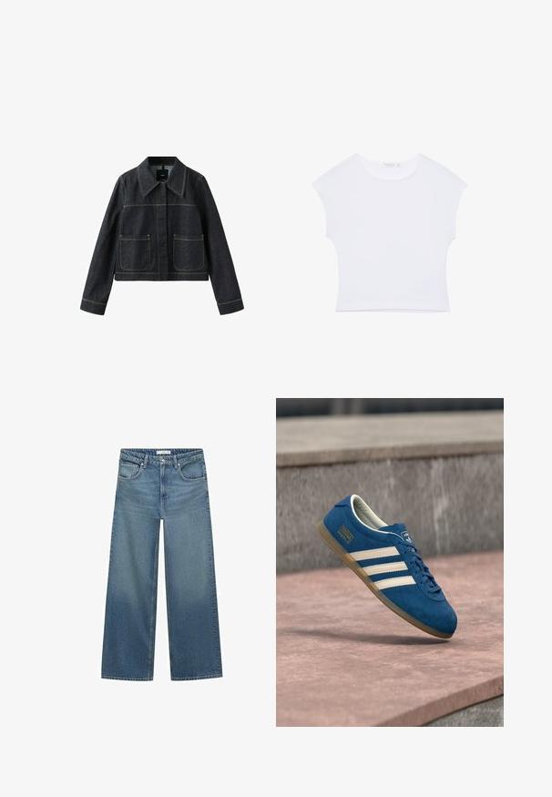 Mørk denimjakke med bred krave, to forlommer, lange ærmer og synlige kontrastsømme.; Hvid kortærmet cropped T-shirt med rund halsudskæring, lavet af glat stof, lagt fladt på en hvid baggrund.; Lysblå vid ben jeans lavet af denim, med mellemhøj talje, to frontlommer og klassiske syninger.; Blå ruskindsneaker med cremefarvede striber og snørebånd, sål af gummiridse, tekstureret overflade, rundet tå og mærkning på siden.