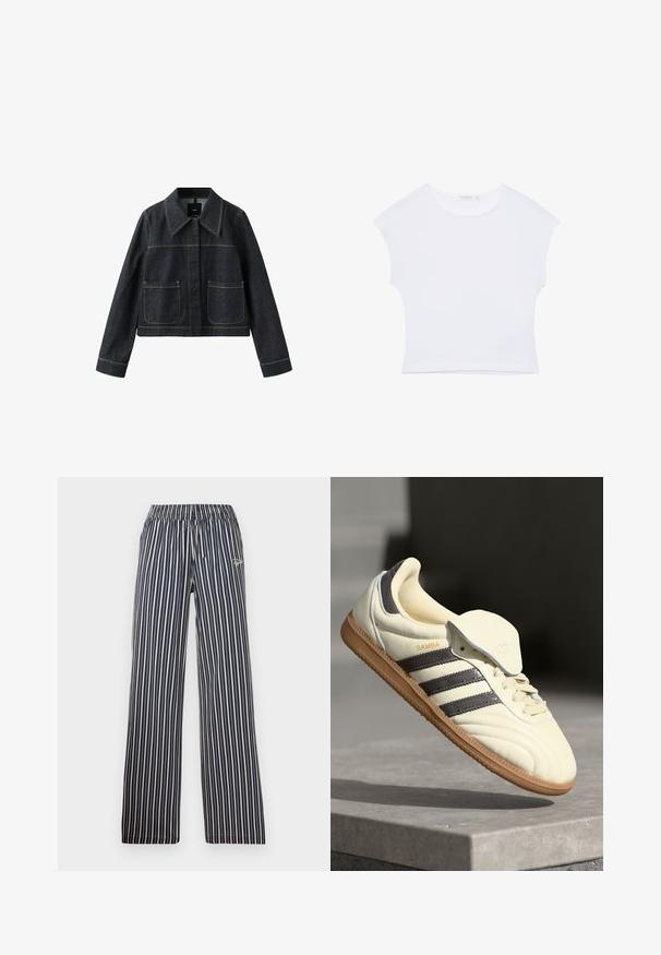 Mørk denimjakke med bred krave, to forlommer, lange ærmer og synlige kontrastsømme.; Hvid kortærmet cropped T-shirt med rund halsudskæring, lavet af glat stof, lagt fladt på en hvid baggrund.; Marine- og hvide stribede bukser med elastisk talje, brede ben og broderet logo detaljeret på venstre hofte.; Cremefarvede lædersneakers med tre mørke striber, en brun gummisål og en afrundet tå. Har en foldbar tunge mærket "SAMBA."