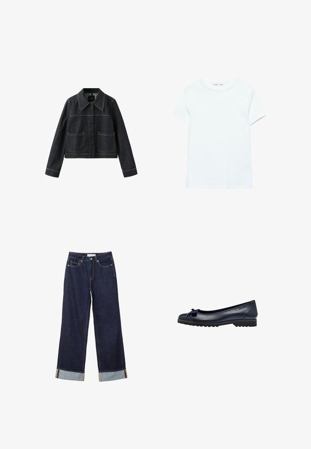 Mørk denimjakke med bred krave, to forlommer, lange ærmer og synlige kontrastsømme.; Ensfarvet hvid kortærmet bomuldst-shirt med rund hals, vist fladt på hvid baggrund, uden synlige mønstre eller logoer.; Mørkeblå vidde jeans med omslag ved buksebenet, forreste knap, lynlås og design med fem lommer.; Mørkeblå læder balletflade med en lille sløjfedetalje, rund tå og struktureret sål med en lav hæl.