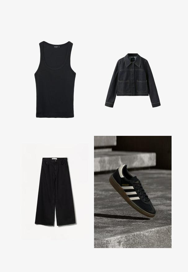 Veste en denim foncé avec col large, deux poches plaquées avant, manches longues et coutures contrastantes visibles.; Débardeur en coton noir avec un col rond et des bretelles larges. Il présente une texture lisse et un design classique ajusté.; Jean large noir en denim. Doté d'une taille haute, de poches avant et arrière, et d'un matériel argenté sur le bouton et la fermeture éclair.; Baskets Adidas noires avec des bandes blanches et une semelle en gomme flottant au-dessus d'escaliers en béton gris sous une lumière naturelle.