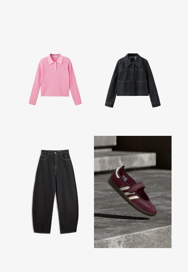 Donkere spijkerjack met brede kraag, twee voorvakken met klep, lange mouwen en zichtbare contraststiksels.; Roze geribbelde trui met lange mouwen en een kraaghalslijn, voorzien van drie knopen bij de kraag en een cropped zoom.; Zwarte denim wijde pijpenbroek met een hoge taille, voorzien van gele stiksels, twee voorkruiken en een enkele knoopsluiting.; Donkerrode sportschoen met een klittenbandsluiting, witte zijstrepen, een gestructureerde rubberen zool en een glad bovenmateriaal. Verstelbare pasvorm met een gevoerde binnenkant.