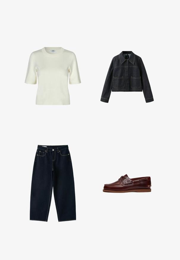 Mørk denimjakke med bred krave, to forlommer, lange ærmer og synlige kontrastsømme.; Strikket kortærmet sweater i off-white med rund halsudskæring og en glat, blød tekstur. Enkel og klassisk design.; Mørkeblå jeans med brede ben og høj talje, foran knap, lynlås og fem lommer med synlige sømme.; Brun læder bådsko med snørre, syningsdetaljer og Timberland-logo på siden, vist på en hvid baggrund.