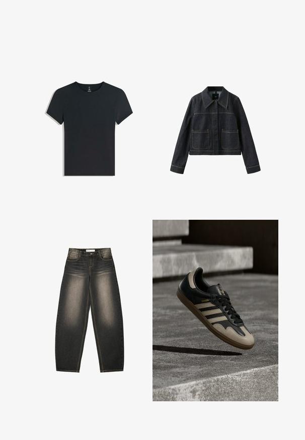 Dunkle Jeansjacke mit weitem Kragen, zwei aufgesetzten Taschen vorne, langen Ärmeln und sichtbaren Kontrastnähten.; Schwarzes Baumwoll-T-Shirt mit kurzen Ärmeln, rundem Ausschnitt und einer weichen, glatten Textur. Einfaches Design, keine Muster oder sichtbare Hardware.; Graue Denim-Jeans mit weitem Bein und leichter Ausbleichung, fünf Taschen, kontrastierenden Nähten und einer lockeren Passform. Keine sichtbaren Muster oder Verzierungen.; Schwarzer und beiger Ledersneaker mit drei weißen Streifen, tannengrüner Gummisohle und goldener "Samba"-Detailierung an der Seite.